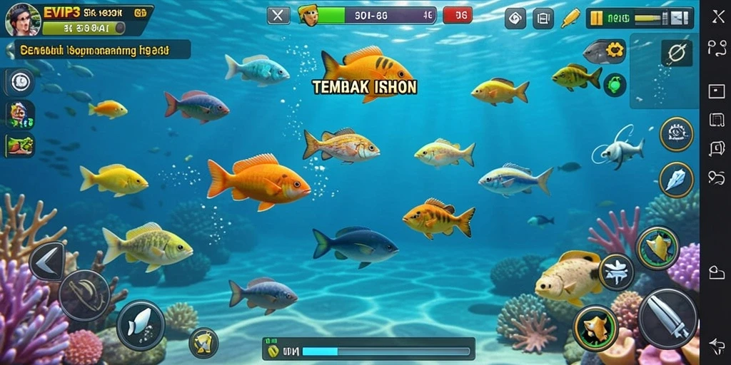 Screenshot gameplay EVIP3 menampilkan aksi seru saat menembak ikan.