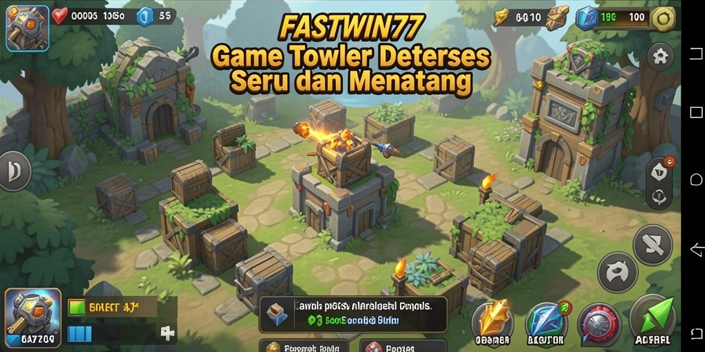 Tampilan gameplay FASTWIN77 menampilkan menara yang siap bertempur melawan gelombang musuh.
