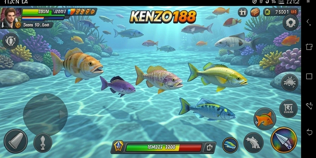 Screenshot gameplay KENZO188 menunjukkan aksi menembak ikan yang mendebarkan.